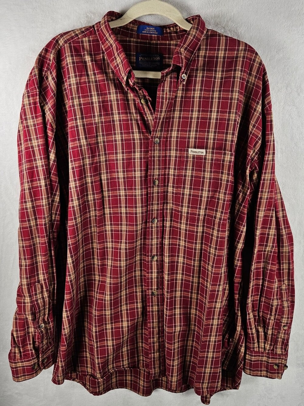 Pendleton Button-Down Shirt Red Tan Plaid 100% Cotton RN29685 Men's Size XL